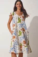 Happiness İstanbul Women's Cream Blue Patterned Linen Summer A-Line Dress