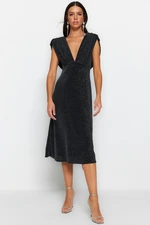 Trendyol Anthracite Open Waist/Skater Lined Shiny Elegant Evening Dress