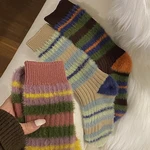 Autumn Women Knitted Retro Sweet Korean Striped Spring Winter Fluffy Warm Socks Home Mid-tube Cotton Thick Thread Needles Furry