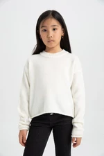 DEFACTO Girl Ecru Standard Fit Crew Neck Basic Plain Knitwear Sweater