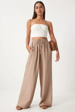 Happiness İstanbul Women's Beige Wide Leg Casual Ayrobin Trousers