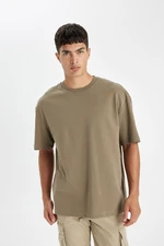 DEFACTO Men's Khaki Relax Fit Casual Cut Crew Neck Cotton Short Sleeve Basic T-Shirt