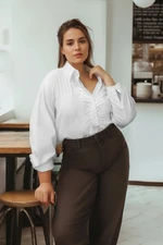 Trendyol Curve White Women's Long Sleeve Gathered Woven Plus Size Shirt