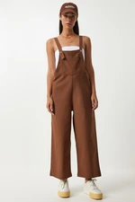 Happiness İstanbul Women's Brown Strappy Thin Gabardine Summer Gardener Overalls