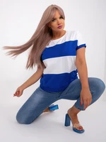 Ecru and cobalt blue striped blouse plus size