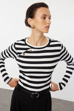 Trendyol Black Striped Fitted Raglan Sleeve with Stud Detail Stretchy Knitted Blouse