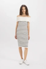 DEFACTO Fitted Striped Open Shoulder Ribbed Midi Dress