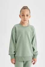 DEFACTO Girl Light Green Relax Fit Crew Neck Cotton Basic Plain School Sweatshirt