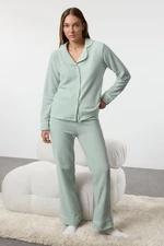 Trendyol Mint Heart Piping Detailed Fleece Winter Knitted Pajamas Set