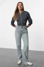 Trendyol Anthracite Rib Detailed Zippered Collar Relaxed/Comfortable Fit Crop Knitted Sweatshirt