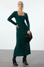 Trendyol Emerald Green Animal Maxi Flounce Square Neck Fitted Maxi Stretch Knitted Dress