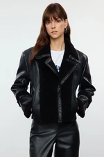 Trendyol Black Regular Fit Plush Detailed Faux Leather Biker Jacket Coat