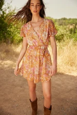 Trendyol Mustard Belted Mini Woven Lined Floral Woven Dress