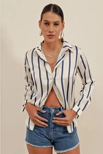 Bigdart 3964 Lightly Flowy Striped Satin Shirt - Navy Blue.