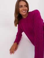 Purple sweater with cables and round neckline