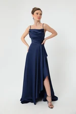 Lafaba Women's Navy Blue Flounce Slit Satin Evening Dress & Prom Dress