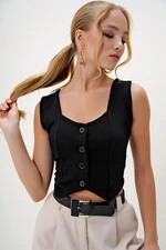 Trend Alaçatı Stili Women's Black Heart Collar Buttoned Crop Vest