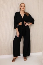 Women's set blouse with ties + trousers - black