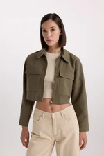 DEFACTO Crop Shirt Collar Zippered Double Pocket Gabardine Long Sleeve Shirt Jacket