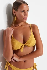 Trendyol Mustard Gingham Textured Triangle Tie Textured Bikini Top