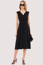 armonika Women's Black Lined Double Breasted Neck Midi Length Dress With Elastic Waist And Shoulder Skirt