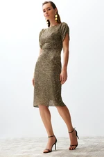 Trendyol Gold Fitted Shiny Knitted Sequin Elegant Evening Dress