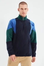 Trendyol Navy Blue Regular Cut Zippered Stand Collar Color Blocked Fleece Sweatshirt