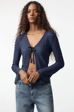 Trendyol Indigo Premium Tie Detail Textured V Neck Flexible Knit Blouse