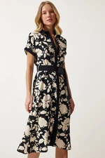 Happiness İstanbul Women's Black Cream Floral Summer Slim Viscose Dress