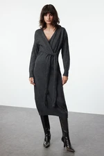 Trendyol Anthracite Soft Texture Midi Knit Double Breasted Collar Tie Dress