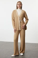 Trendyol Camel Color Block Knitted Cardigan Trousers Top-Bottom Set