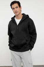 Trendyol Black Oversize/Wide Cut Zippered Hooded Fleece Inside Basic Sweatshirt