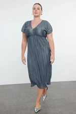 Trendyol Curve Anthracite Reversible Pleated Midi Plus Size Dress