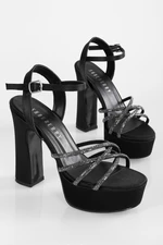 Shoeberry Women's Mersea Black Satin Stone Platform Heeled Shoes