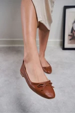 NİŞANTAŞI SHOES Stony Tan and Genuine Leather Women's Flat-Heeled Flat Shoes with Bow Detail.