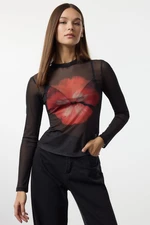 Trendyol Black Floral Printed Fitted/Body-Sit High Neck Tulle Flexible Knitted Blouse