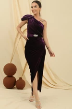 By Saygı One-Shoulder Waist with a Belt and Draped Long Corduroy Dress.