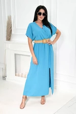 Long dress with a decorative turquoise belt