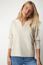 Happiness İstanbul Women's Beige Polo Collar Basic Sweater