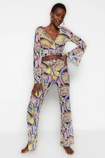 Trendyol Abstract Patterned Woven Tie Blouse and Pants Suit