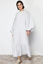 Trendyol Stone Balloon Sleeve Layered Cotton Woven Dress