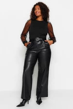 Trendyol Curve Black Wide Cut Faux Leather Woven Trousers