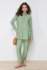 Trendyol Khaki Pleat Detailed Woven Linen Look Shirt Trousers Bottom Top Suit