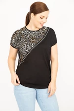 Şans Women's Black Plus Size Lame Print And Stone Detailed Blouse