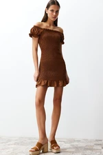 Trendyol Brown Fitted Madonna Collar Gimped Mini Woven Dress