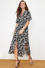 Trendyol Black Belted Slit Floral Patterned Midi Woven Shirt Dress