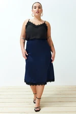 Trendyol Curve Navy Blue Satin Midi Length Lace Woven Skirt