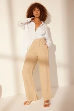 Trendyol Beige 100% Linen Pleated High Waist Wide Leg Trousers