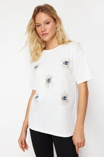 Trendyol White Printed Relaxed Knitted T-Shirt