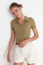 Trendyol Khaki Fitted Crop Polo Neck Corduroy Knitted Blouse with a Stretch